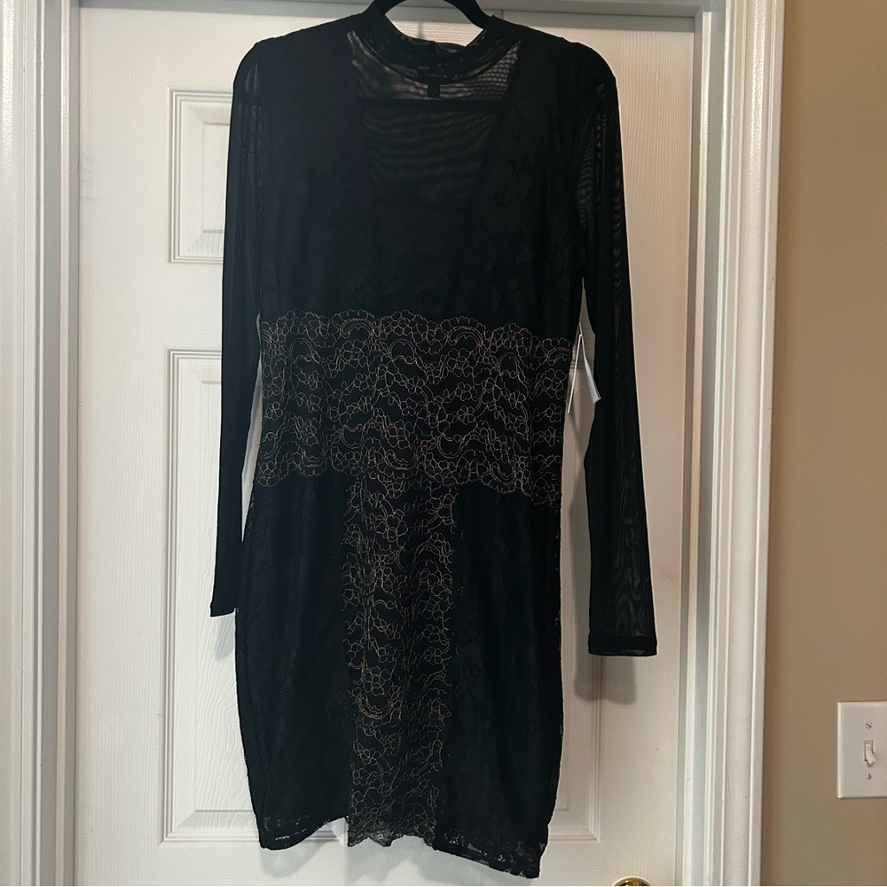 Guess NWT  Size Large Jet Black Jojo Lace Dress Sheer Sleeves Macy’s Sexy Goth